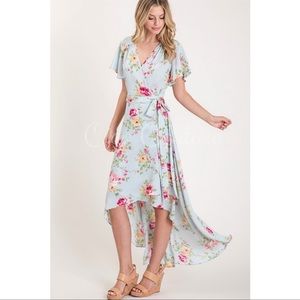 New. Blue floral high low dress